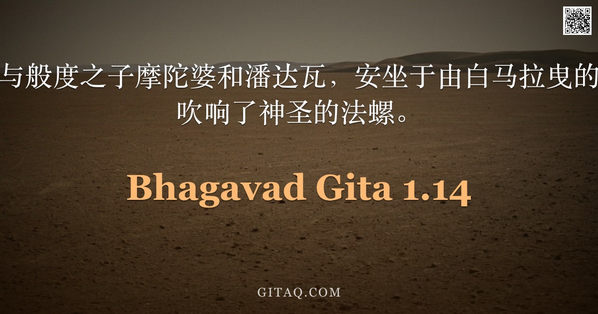 薄伽梵歌 1.14 — "于是，持国之子与般度之子摩陀婆和潘达瓦，安坐于由白马拉曳的宏伟战车之上，吹响了神圣的法螺。"