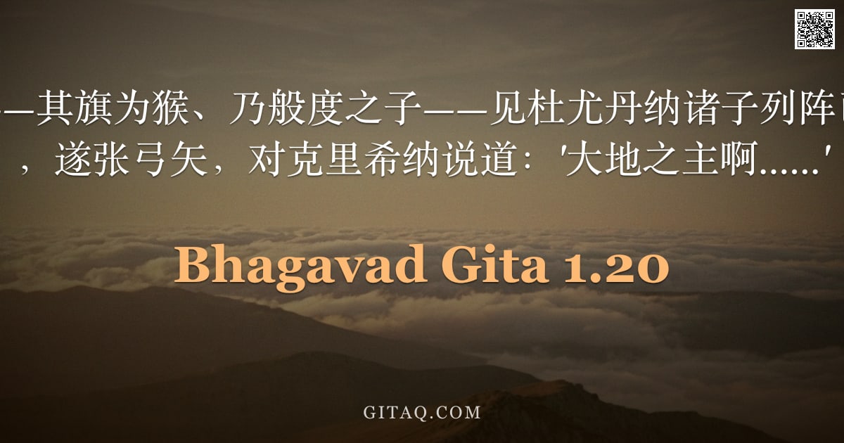 薄伽梵歌 1.20 — "此时，阿周那——其旗为猴、乃般度之子——见杜尤丹纳诸子列阵已毕，兵戈将发，遂张弓矢，对克里希纳说道：'大地之主啊……'"