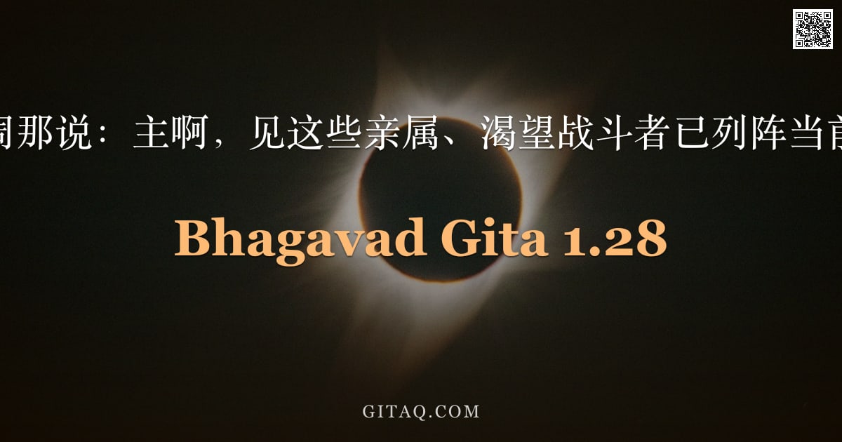 薄伽梵歌 1.28 — "阿周那说：主啊，见这些亲属、渴望战斗者已列阵当前。"