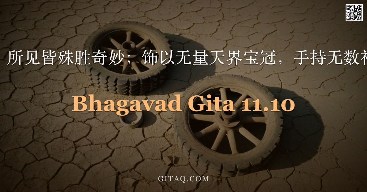 薄伽梵歌 11.10 — "多口多眼，所见皆殊胜奇妙；饰以无量天界宝冠，手持无数神兵高举。"