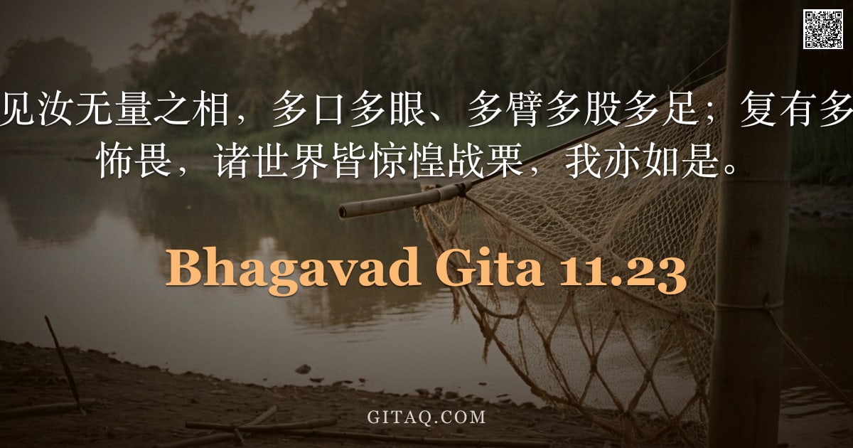 薄伽梵歌 11.23 — "具大威力者啊，见汝无量之相，多口多眼、多臂多股多足；复有多腹、多獠牙而可怖畏，诸世界皆惊惶战栗，我亦如是。"