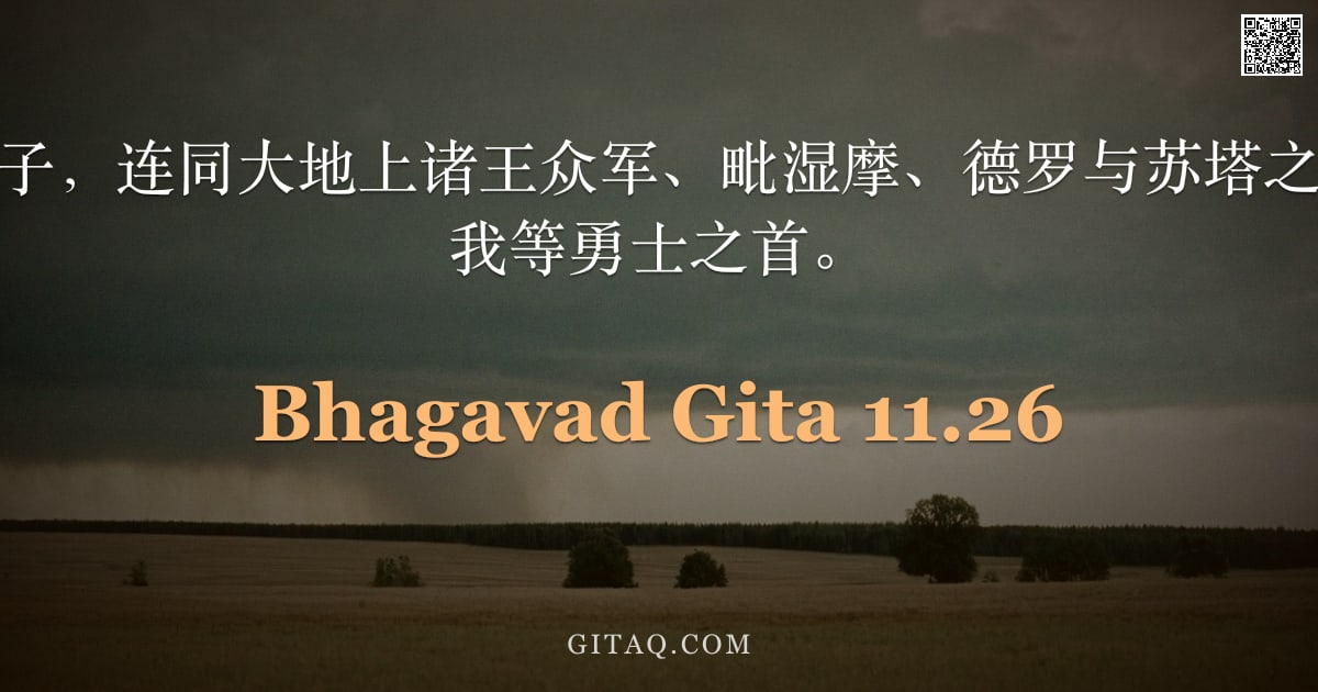薄伽梵歌 11.26 — "此般杜里达罗之子，连同大地上诸王众军、毗湿摩、德罗与苏塔之子迦尔纳，以及我等勇士之首。"