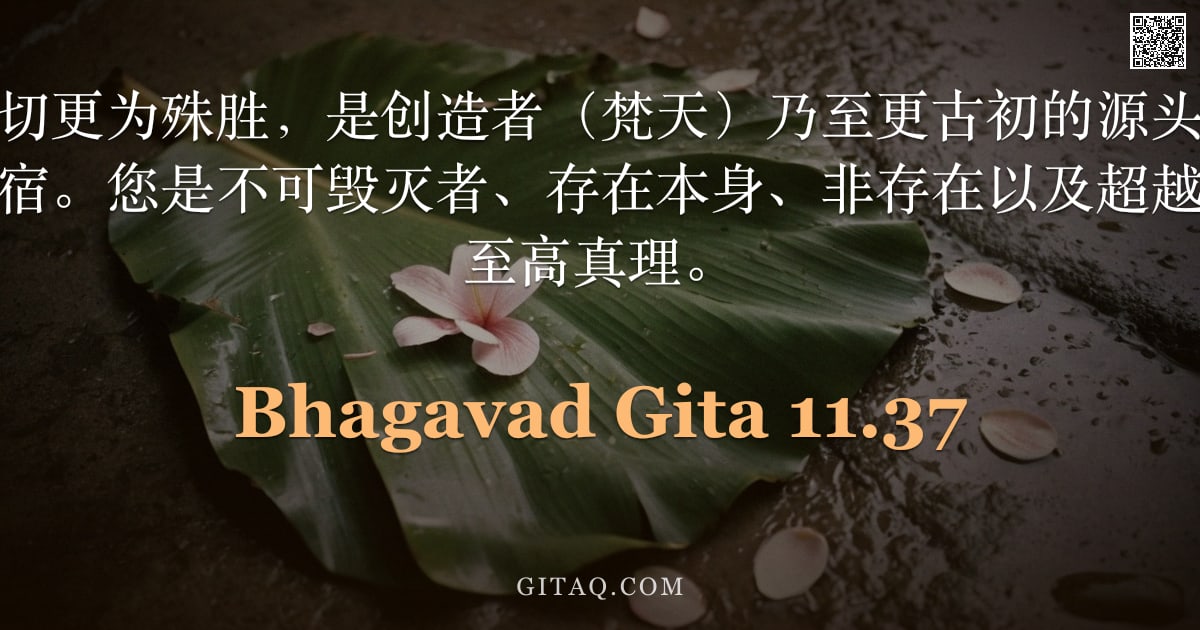 薄伽梵歌 11.37 — "大灵啊，您比一切更为殊胜，是创造者（梵天）乃至更古初的源头；无限的神主啊，您是宇宙的归宿。您是不可毁灭者、存在本身、非存在以及超越存在与非存在的至高真理。"