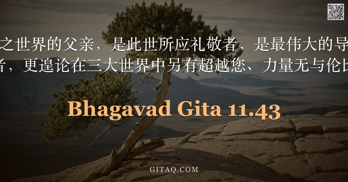 薄伽梵歌 11.43 — "您是这动与不动之世界的父亲，是此世所应礼敬者，是最伟大的导师；世间无有能与您相等者，更遑论在三大世界中另有超越您、力量无与伦比的存在。"