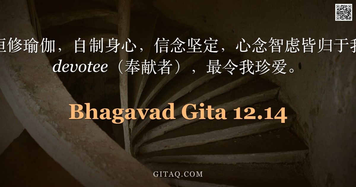 薄伽梵歌 12.14 — "常怀知足，恒修瑜伽，自制身心，信念坚定，心念智虑皆归于我；彼乃吾之 devotee（奉献者），最令我珍爱。"