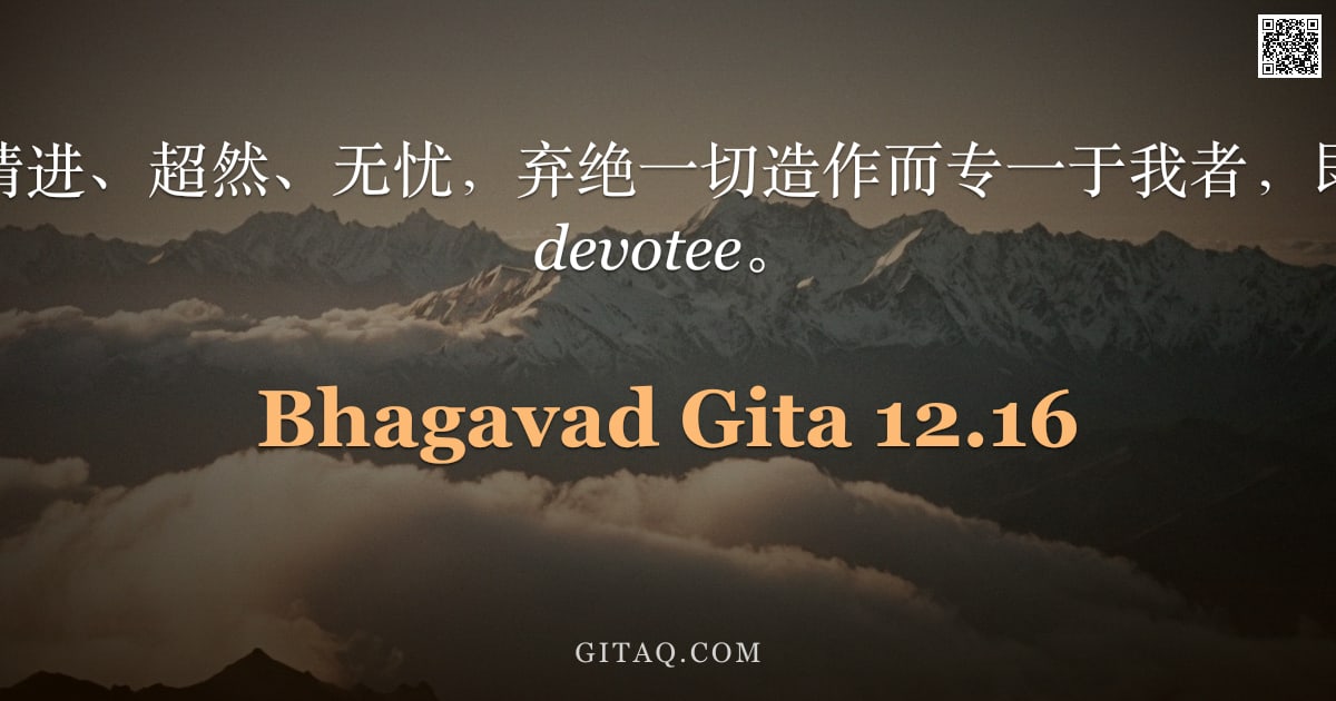 薄伽梵歌 12.16 — "无求、清净、精进、超然、无忧，弃绝一切造作而专一于我者，即是我所珍爱之 devotee。"