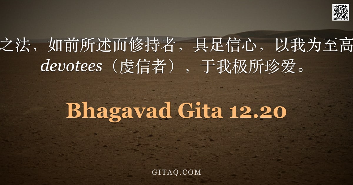 薄伽梵歌 12.20 — "凡依此不死之法，如前所述而修持者，具足信心，以我为至高归宿，彼等 devotees（虔信者），于我极所珍爱。"