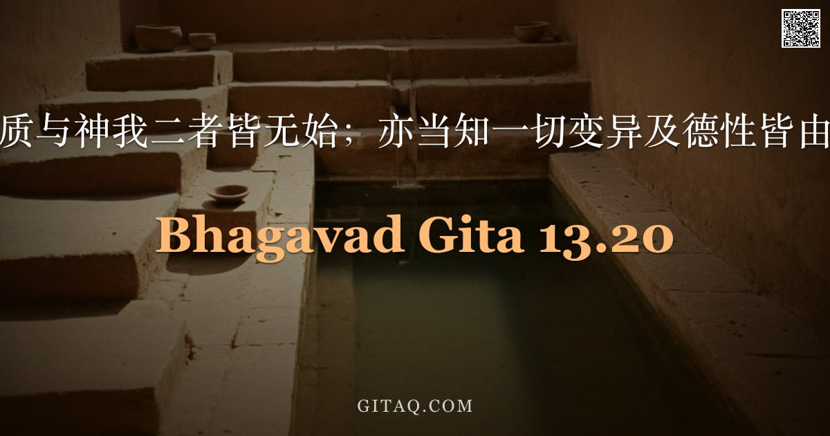 薄伽梵歌 13.20 — "汝当知，原质与神我二者皆无始；亦当知一切变异及德性皆由原质所生。"