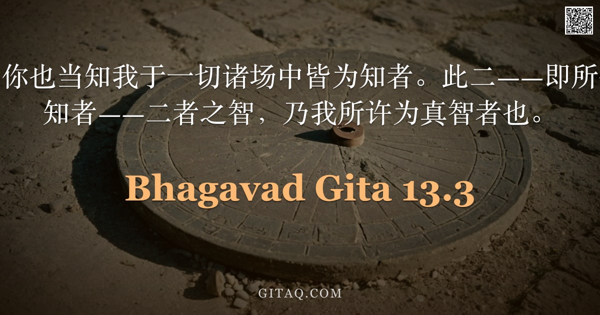 薄伽梵歌 13.3 — "婆罗多族裔啊，你也当知我于一切诸场中皆为知者。此二——即所依之场与知彼之知者——二者之智，乃我所许为真智者也。"