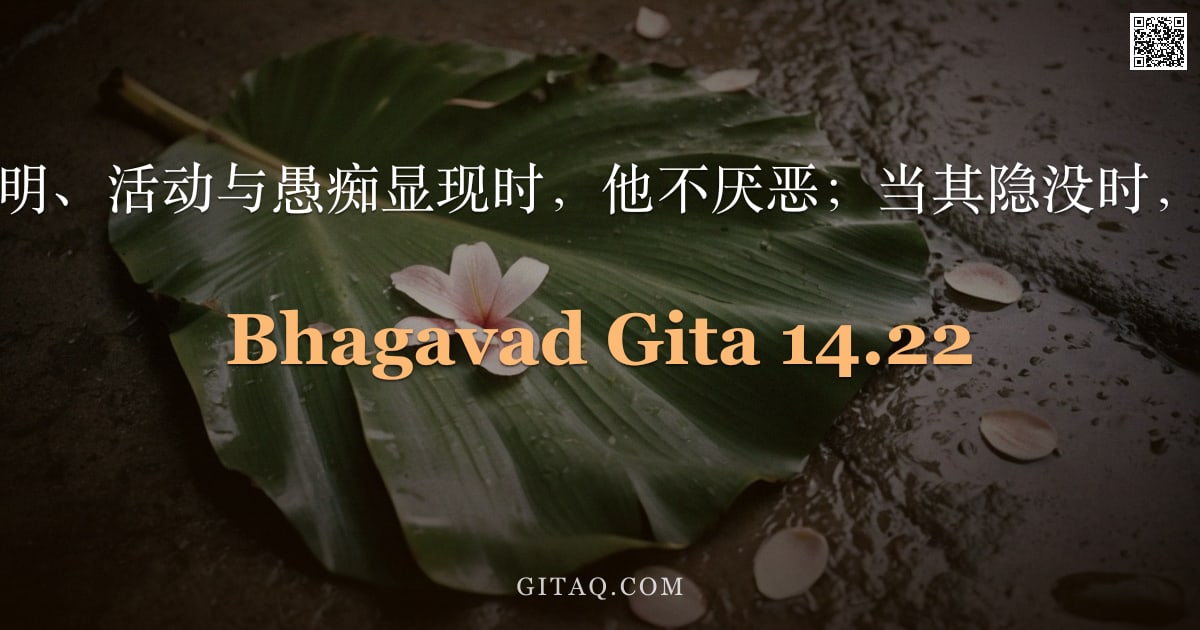 薄伽梵歌 14.22 — "圣主说：当光明、活动与愚痴显现时，他不厌恶；当其隐没时，他也不渴求。"