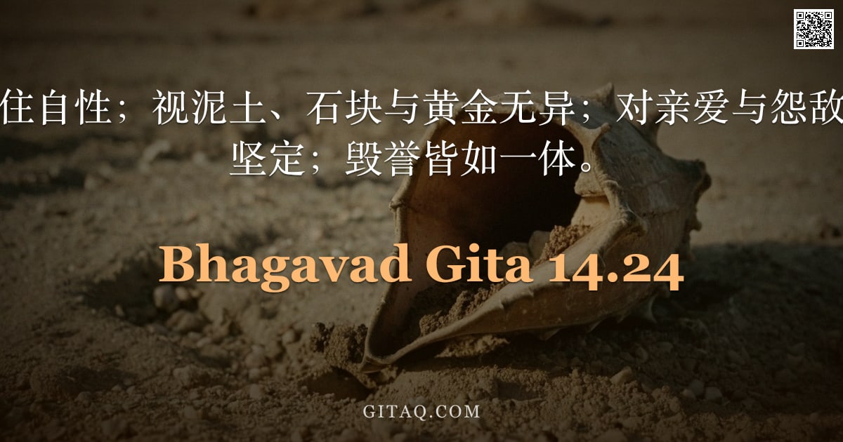 薄伽梵歌 14.24 — "于苦乐平等，安住自性；视泥土、石块与黄金无异；对亲爱与怨敌一视同仁；心志坚定；毁誉皆如一体。"