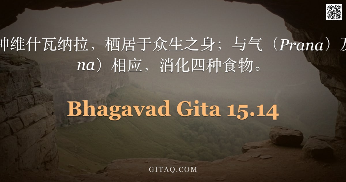 薄伽梵歌 15.14 — "我化身为火神维什瓦纳拉，栖居于众生之身；与气（Prana）及下气（Apana）相应，消化四种食物。"