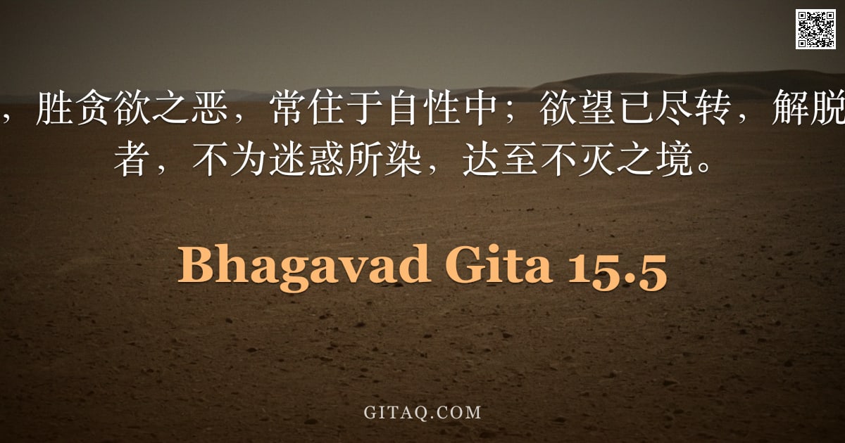薄伽梵歌 15.5 — "无骄慢，离愚痴，胜贪欲之恶，常住于自性中；欲望已尽转，解脱苦乐之二元对立者，不为迷惑所染，达至不灭之境。"