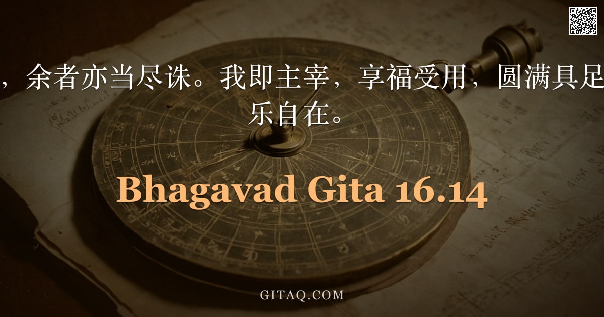薄伽梵歌 16.14 — "此敌已为我所杀，余者亦当尽诛。我即主宰，享福受用，圆满具足，力大身健，安乐自在。"