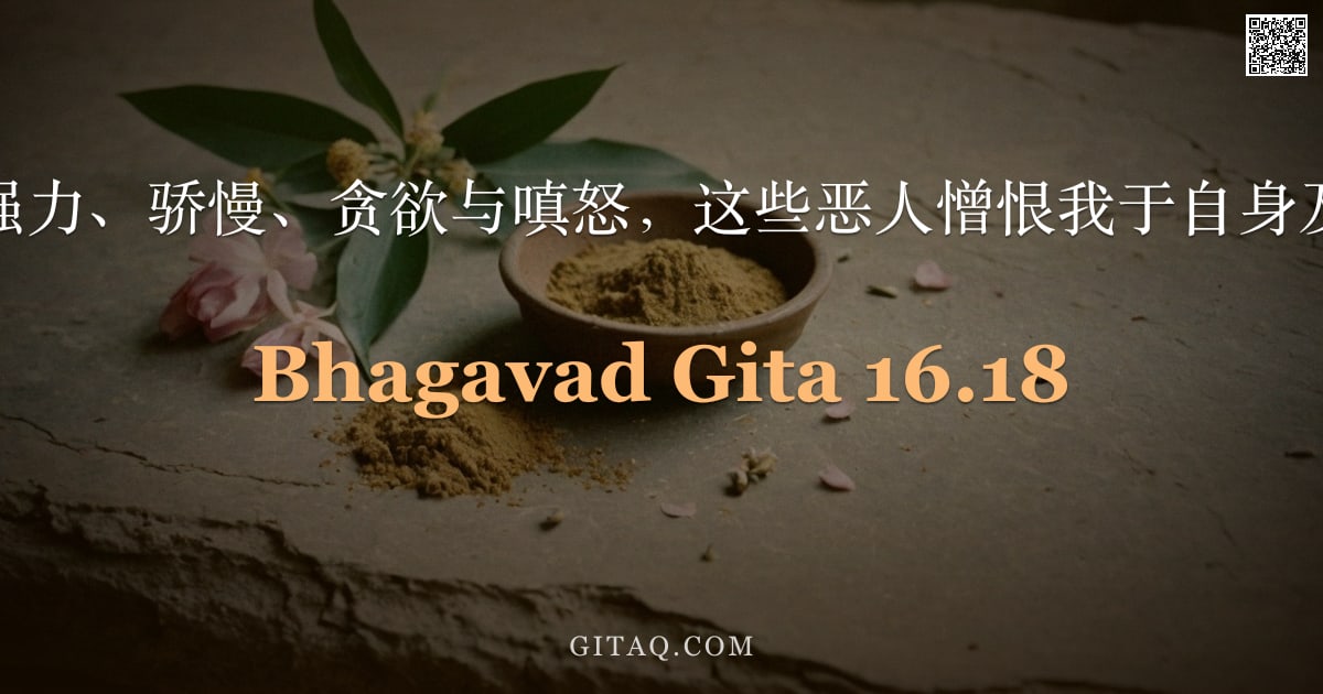 薄伽梵歌 16.18 — "执于我慢、强力、骄慢、贪欲与嗔怒，这些恶人憎恨我于自身及他身之中。"