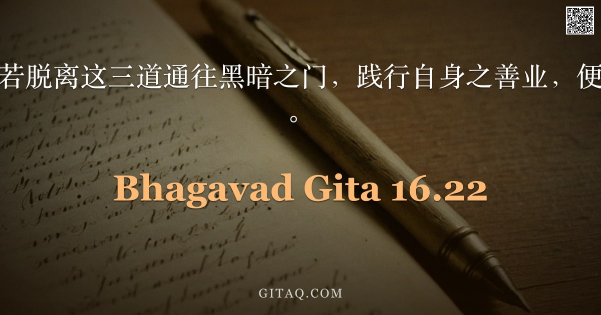 薄伽梵歌 16.22 — "卡乌内亚啊，人若脱离这三道通往黑暗之门，践行自身之善业，便能抵达至高归宿。"