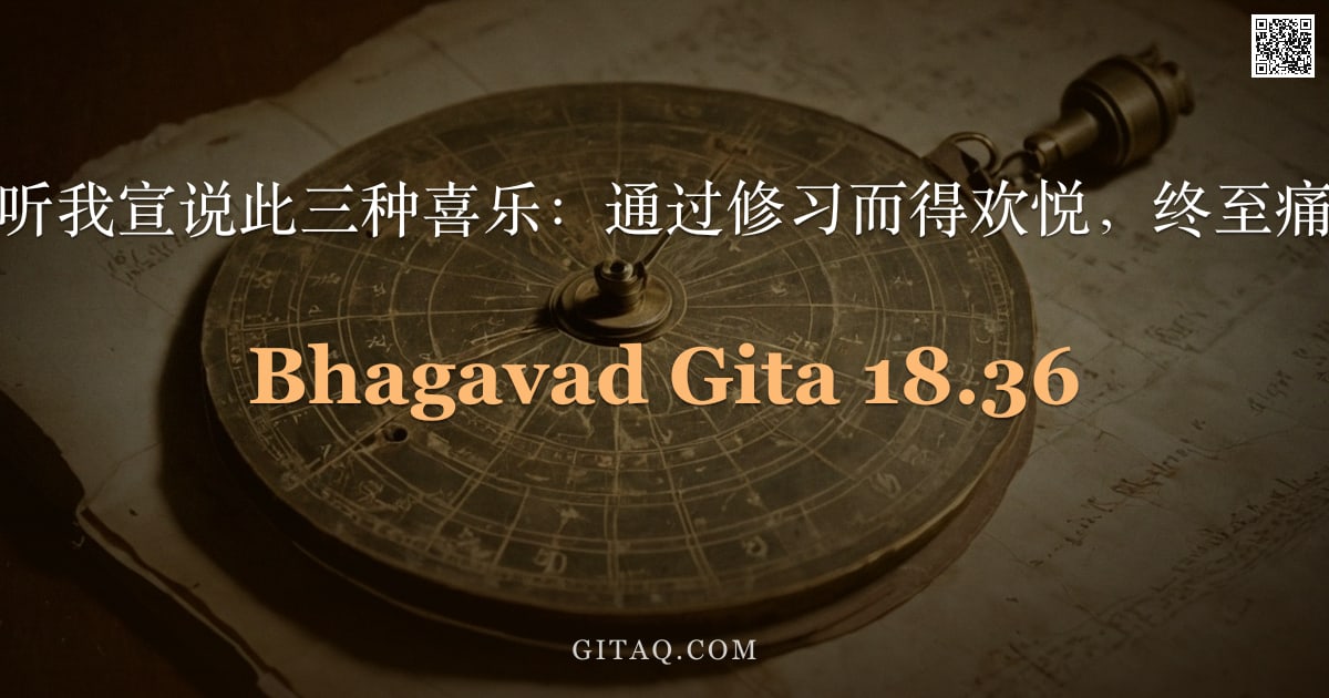 薄伽梵歌 18.36 — "阿周那，听我宣说此三种喜乐：通过修习而得欢悦，终至痛苦止息。"
