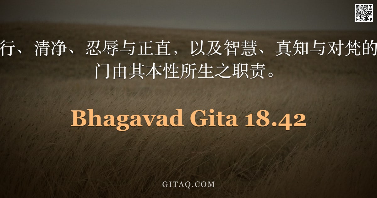 薄伽梵歌 18.42 — "寂静、自制、苦行、清净、忍辱与正直，以及智慧、真知与对梵的信仰，乃是婆罗门由其本性所生之职责。"