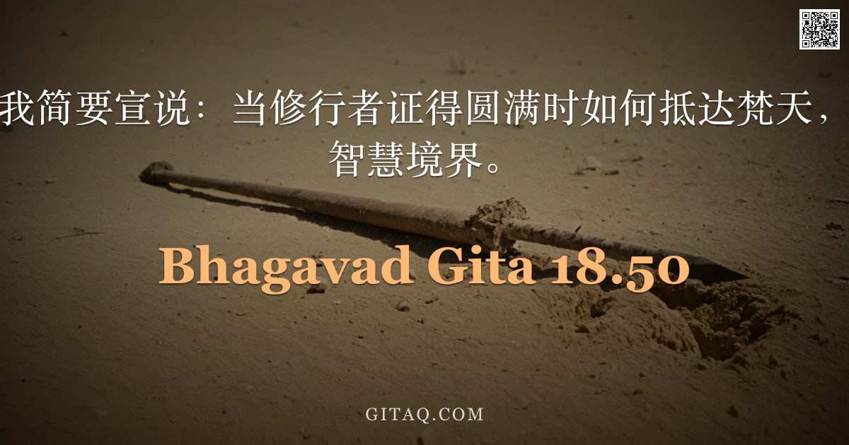 薄伽梵歌 18.50 — "阿周那啊，且听我简要宣说：当修行者证得圆满时如何抵达梵天，即那至高无上的智慧境界。"