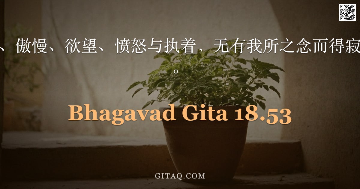 薄伽梵歌 18.53 — "弃绝我慢、力量、傲慢、欲望、愤怒与执着，无有我所之念而得寂静者，堪证梵境。"
