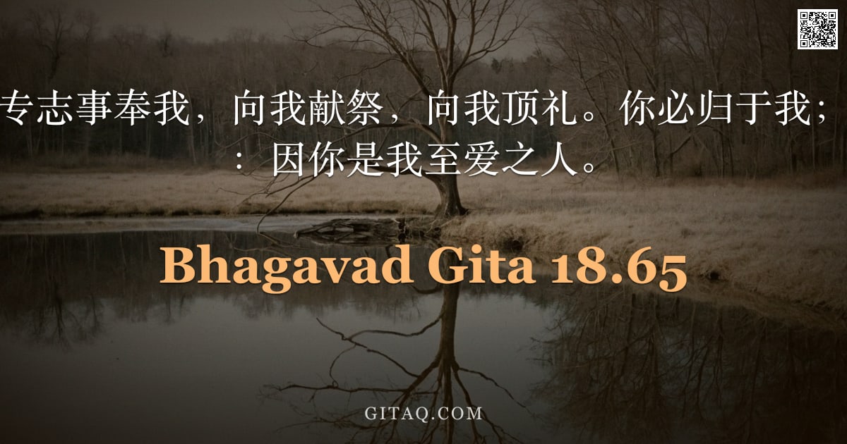 薄伽梵歌 18.65 — "汝当心系于我，专志事奉我，向我献祭，向我顶礼。你必归于我；诚然我向你许诺：因你是我至爱之人。"