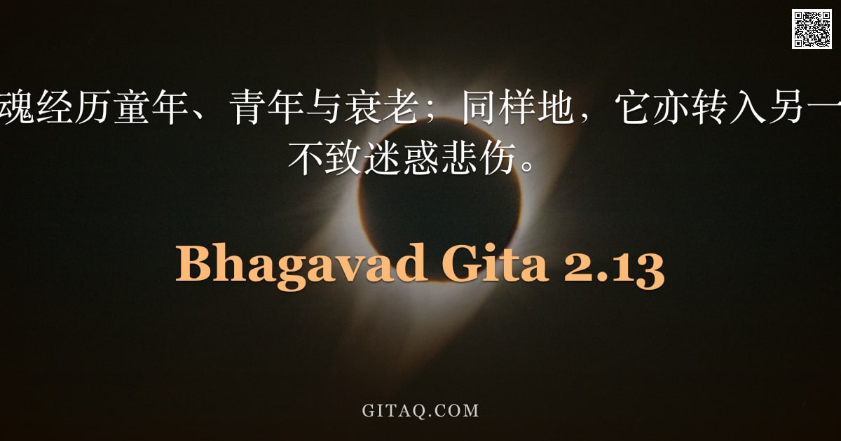 薄伽梵歌 2.13 — "正如此身中，灵魂经历童年、青年与衰老；同样地，它亦转入另一身躯。智者于此不致迷惑悲伤。"
