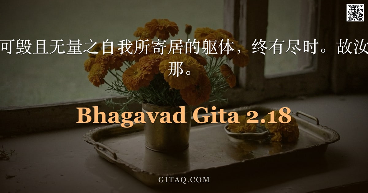 薄伽梵歌 2.18 — "此等由永恒、不可毁且无量之自我所寄居的躯体，终有尽时。故汝当起战意，阿周那。"