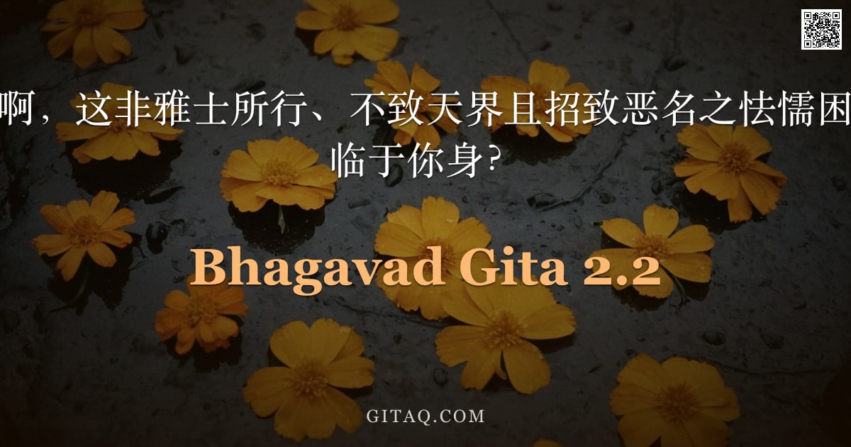 薄伽梵歌 2.2 — "圣主说：阿周那啊，这非雅士所行、不致天界且招致恶名之怯懦困厄，从何而生而临于你身？"