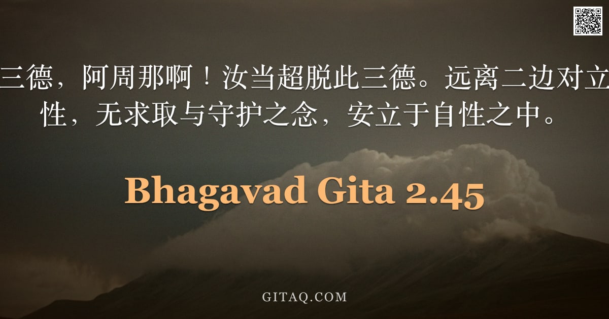 薄伽梵歌 2.45 — "《吠陀》典论及三德，阿周那啊！汝当超脱此三德。远离二边对立，恒住于纯净之性，无求取与守护之念，安立于自性之中。"
