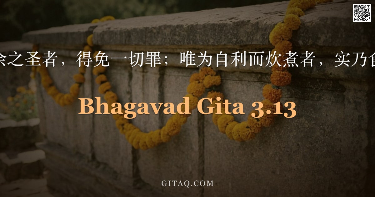 薄伽梵歌 3.13 — "食祭余之圣者，得免一切罪；唯为自利而炊煮者，实乃食罪。"