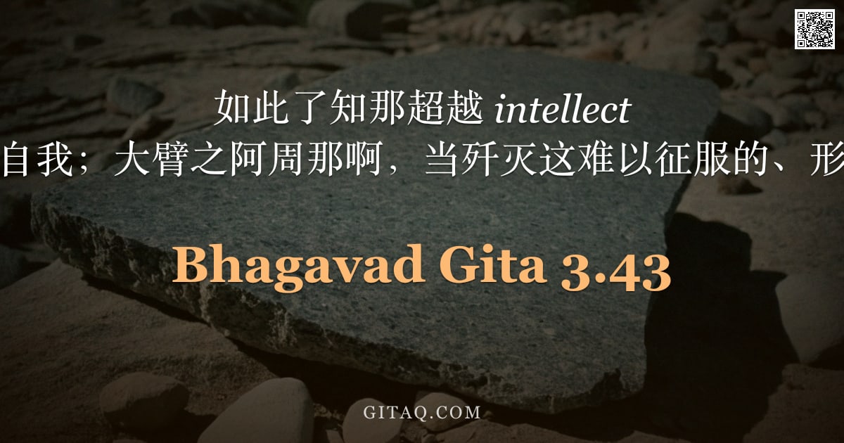 薄伽梵歌 3.43 — "如此了知那超越 intellect 者，以自我制伏自我；大臂之阿周那啊，当歼灭这难以征服的、形如欲望的仇敌。"