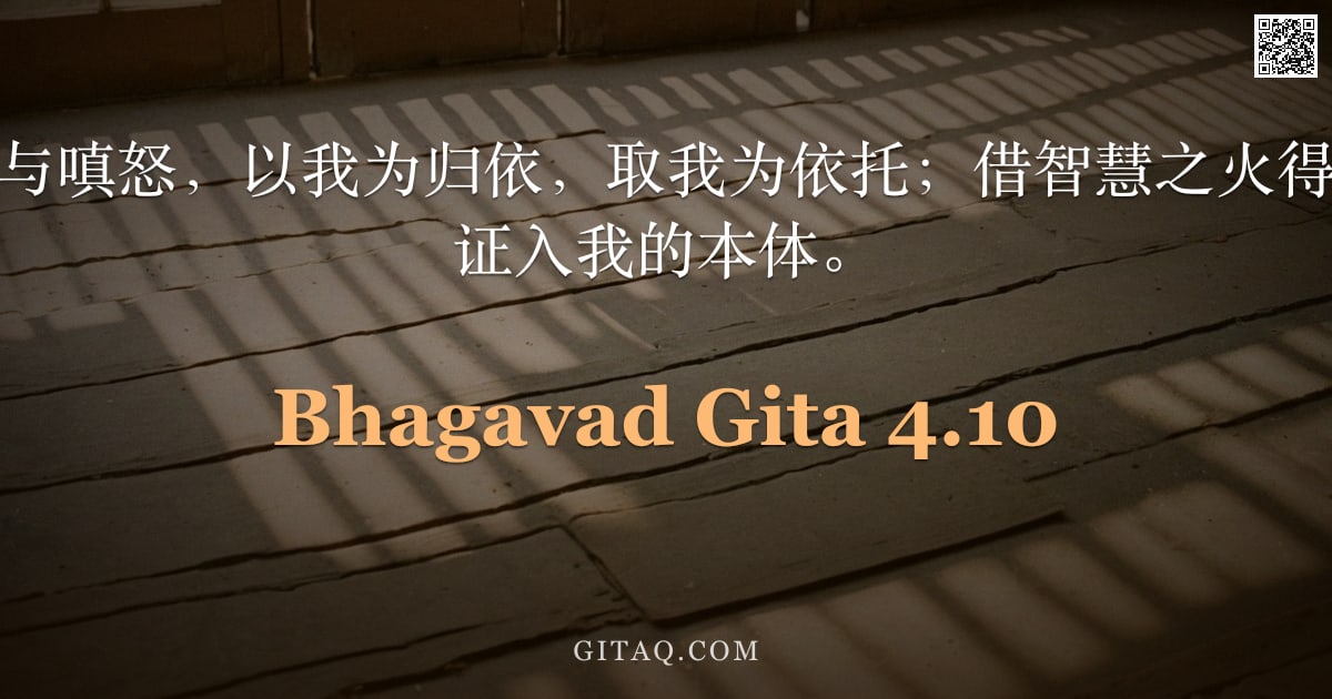 薄伽梵歌 4.10 — "离于贪欲、恐惧与嗔怒，以我为归依，取我为依托；借智慧之火得清净者，众多已证入我的本体。"