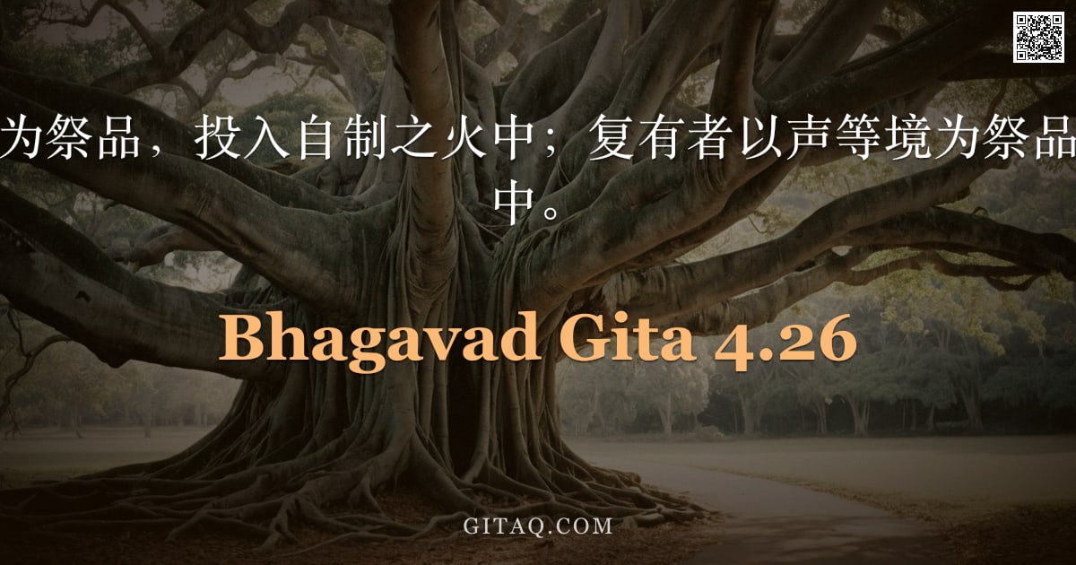 薄伽梵歌 4.26 — "有者以耳等诸根为祭品，投入自制之火中；复有者以声等境为祭品，投入感官之火中。"