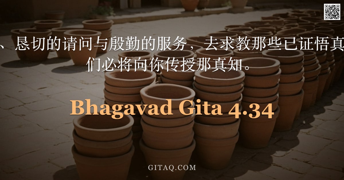 薄伽梵歌 4.34 — "当以虔诚的顶礼、恳切的请问与殷勤的服务，去求教那些已证悟真理的智慧者；他们必将向你传授那真知。"