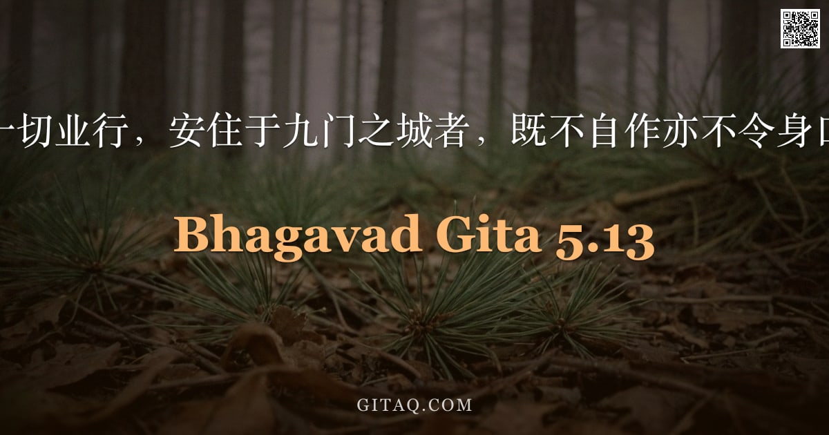 薄伽梵歌 5.13 — "以心舍离一切业行，安住于九门之城者，既不自作亦不令身口意造作。"