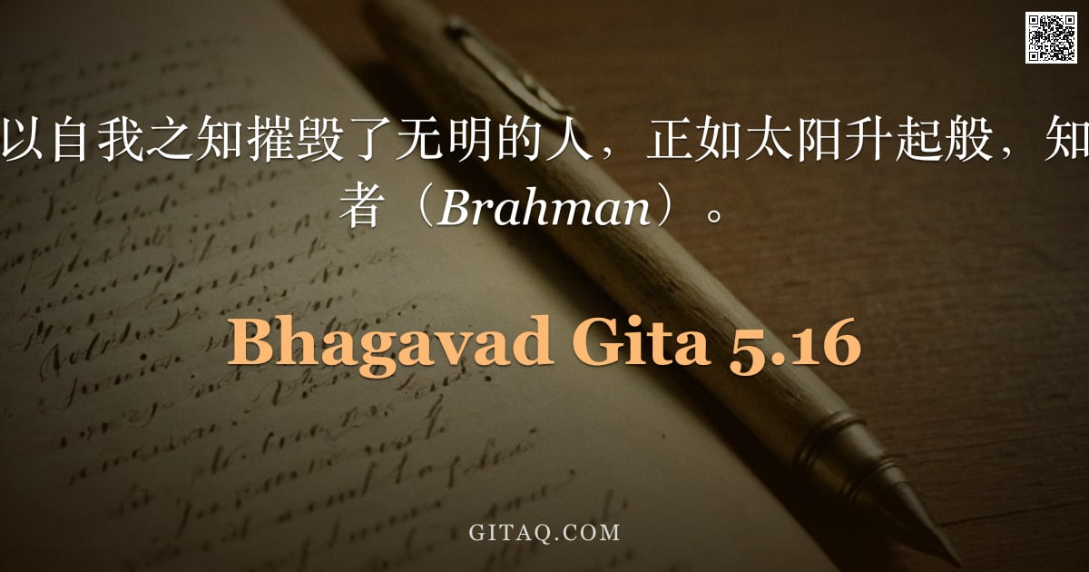 薄伽梵歌 5.16 — "然而，对于那些以自我之知摧毁了无明的人，正如太阳升起般，知识将揭示那至高者（Brahman）。"
