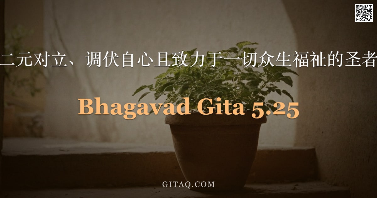 薄伽梵歌 5.25 — "罪业已尽、超越二元对立、调伏自心且致力于一切众生福祉的圣者，证得梵涅槃。"