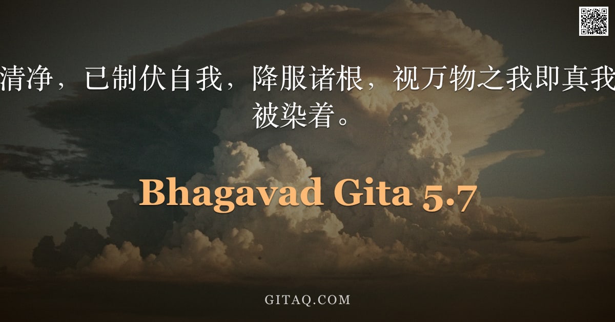 薄伽梵歌 5.7 — "瑜伽行者，心识清净，已制伏自我，降服诸根，视万物之我即真我，虽行事业而不被染着。"