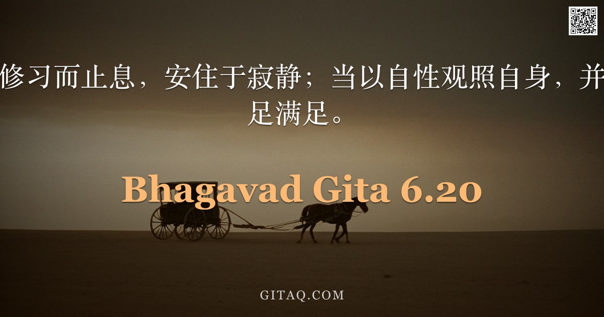 薄伽梵歌 6.20 — "当心意通过瑜伽修习而止息，安住于寂静；当以自性观照自身，并于内在自我中得足满足。"
