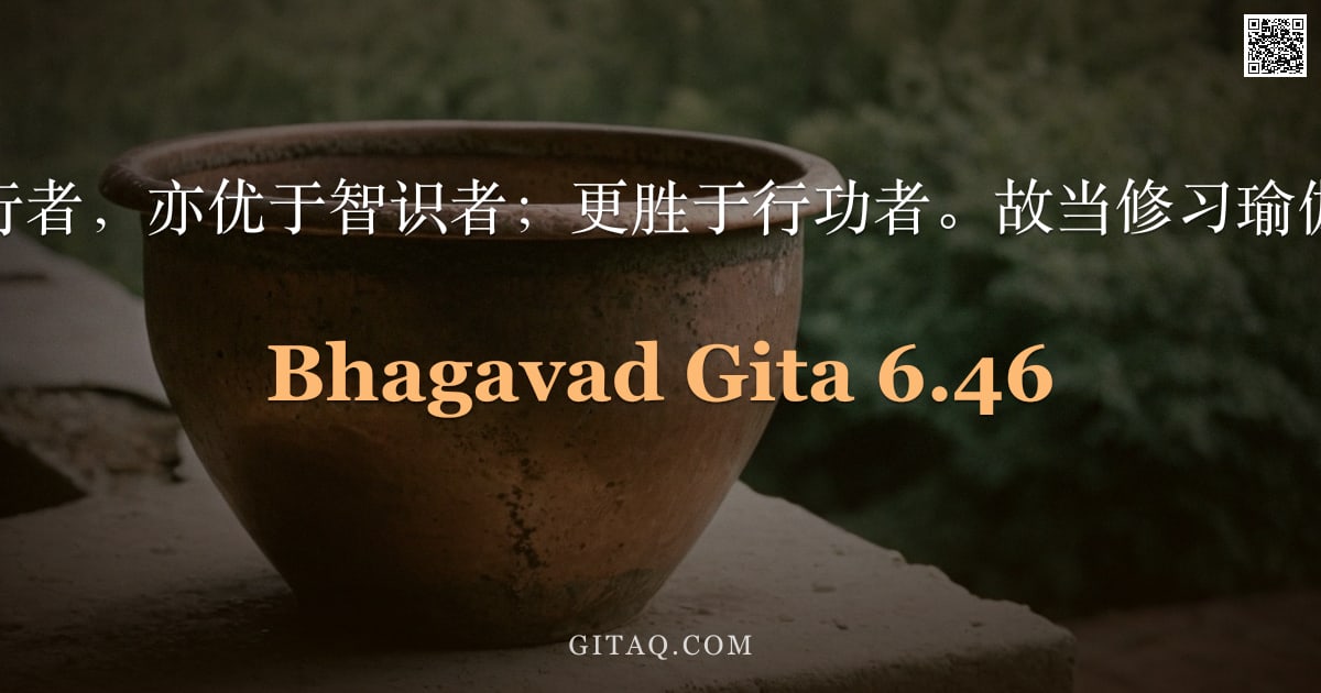 薄伽梵歌 6.46 — "瑜伽士胜于苦行者，亦优于智识者；更胜于行功者。故当修习瑜伽，阿周那啊。"