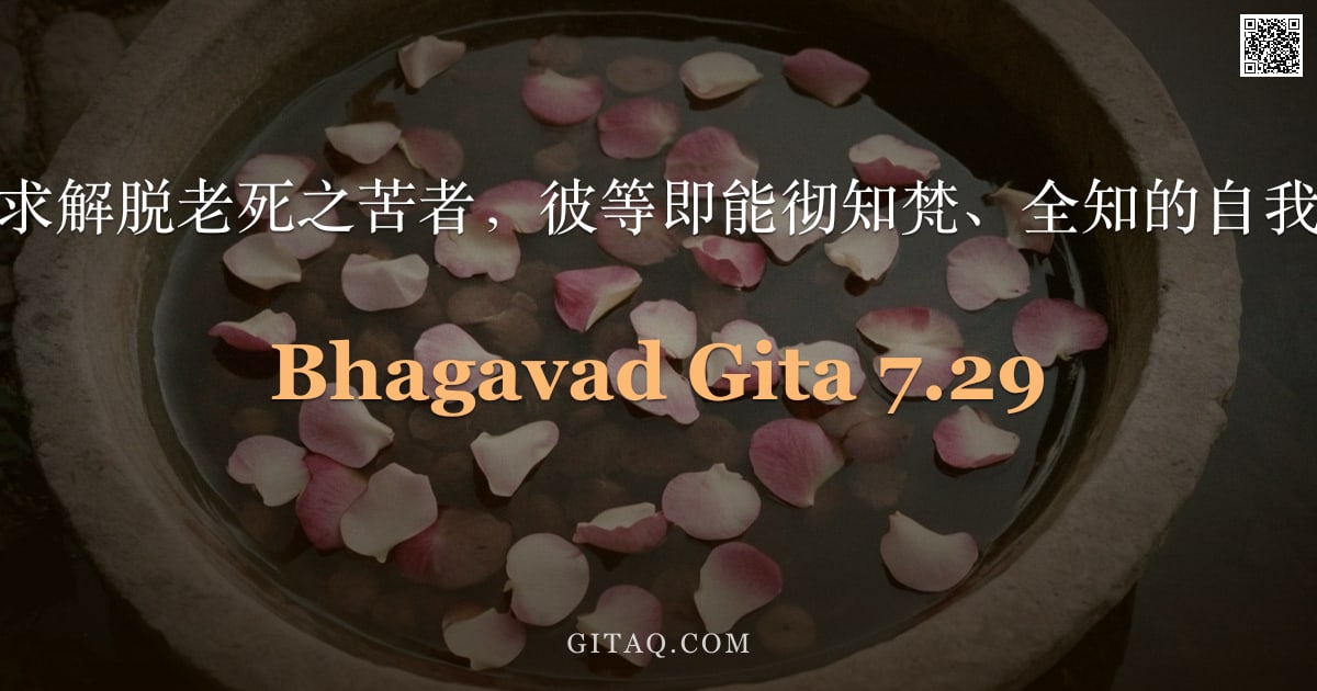 薄伽梵歌 7.29 — "凡依止于我，以求解脱老死之苦者，彼等即能彻知梵、全知的自我以及一切业行。"