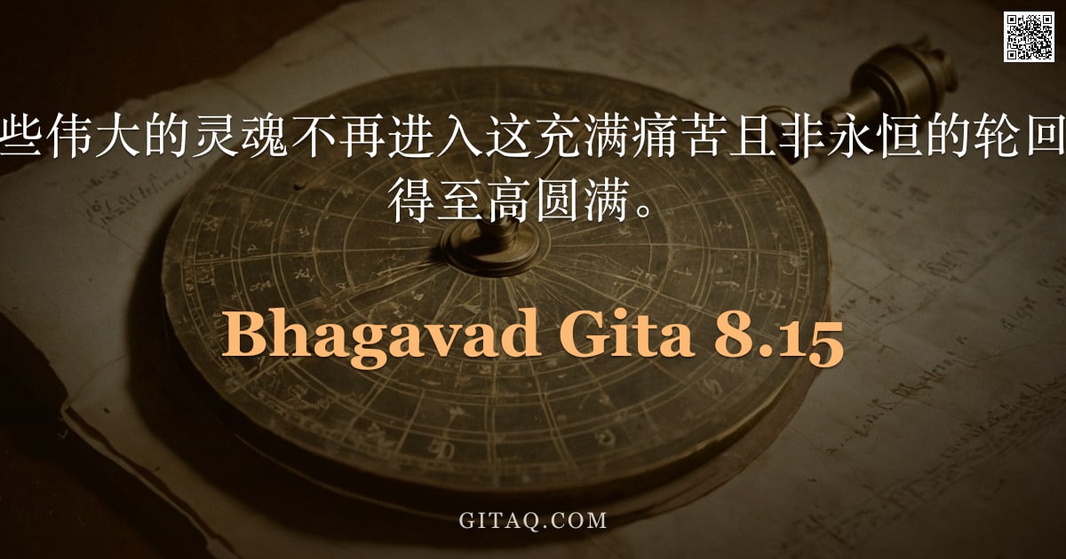 薄伽梵歌 8.15 — "达到我之后，这些伟大的灵魂不再进入这充满痛苦且非永恒的轮回受生；他们已证得至高圆满。"
