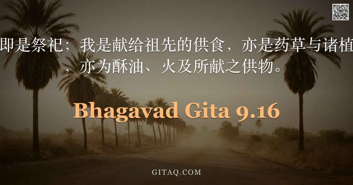 薄伽梵歌 9.16 — "我即是祭仪，我即是祭祀；我是献给祖先的供食，亦是药草与诸植物；我即是真言，亦为酥油、火及所献之供物。"