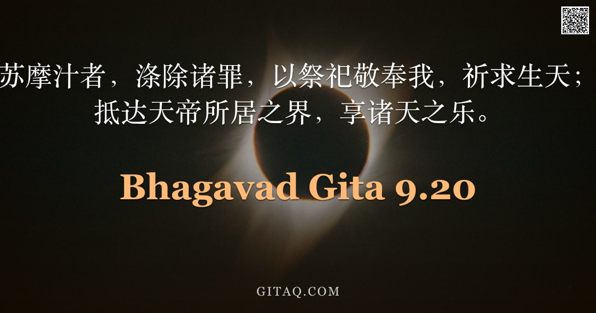 薄伽梵歌 9.20 — "通晓三吠陀、饮苏摩汁者，涤除诸罪，以祭祀敬奉我，祈求生天；彼等既得功德，抵达天帝所居之界，享诸天之乐。"