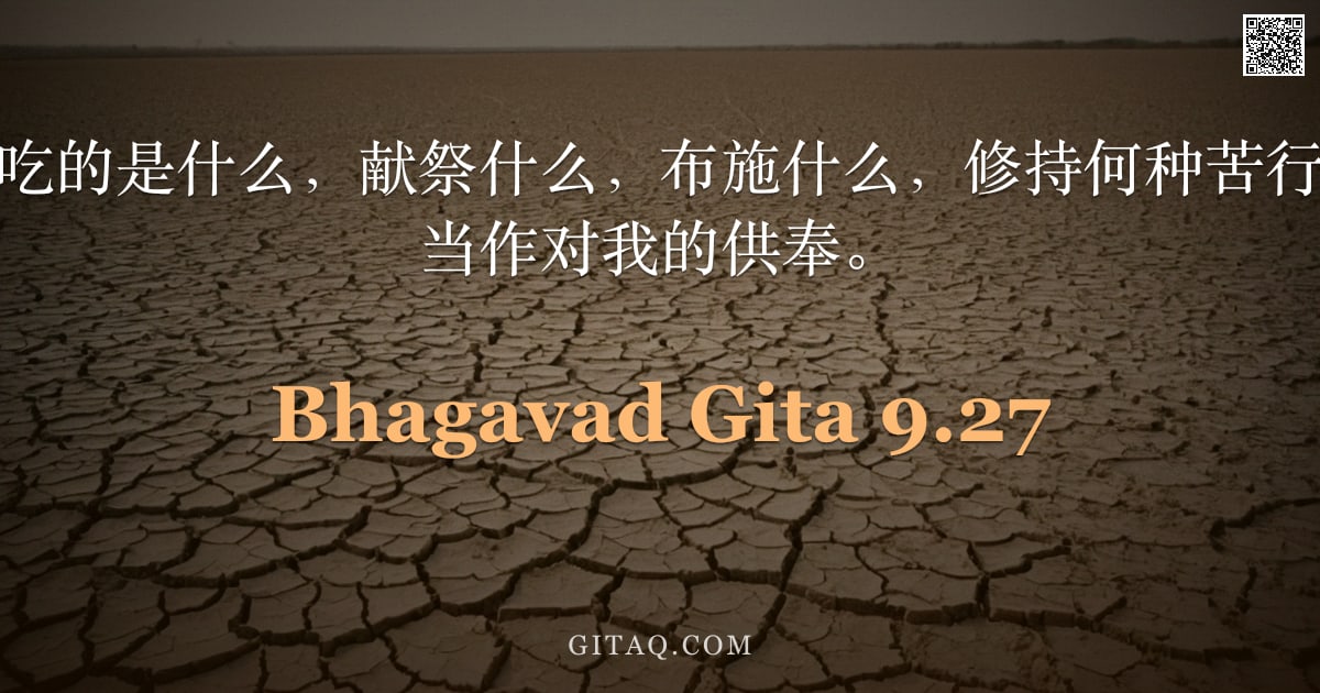 薄伽梵歌 9.27 — "无论你做什么，吃的是什么，献祭什么，布施什么，修持何种苦行，阿周那啊，都当作对我的供奉。"