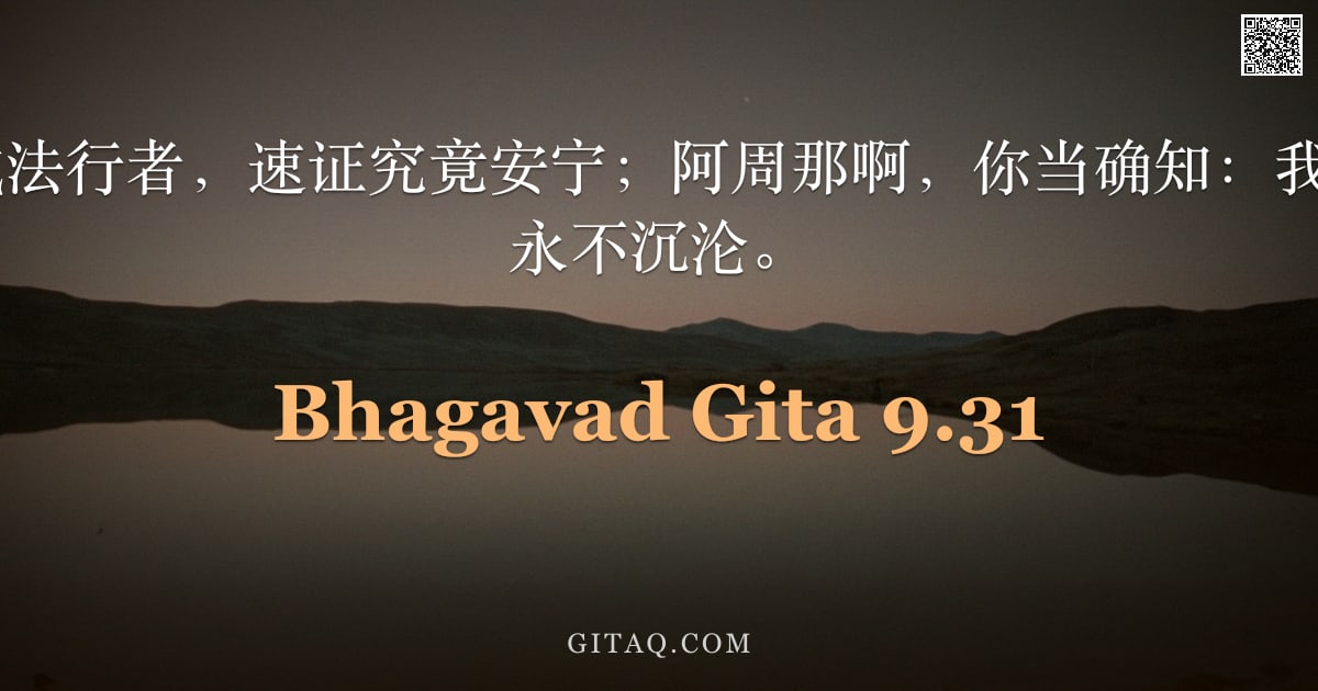 薄伽梵歌 9.31 — "他不久即成法行者，速证究竟安宁；阿周那啊，你当确知：我的 devotee 永不沉沦。"