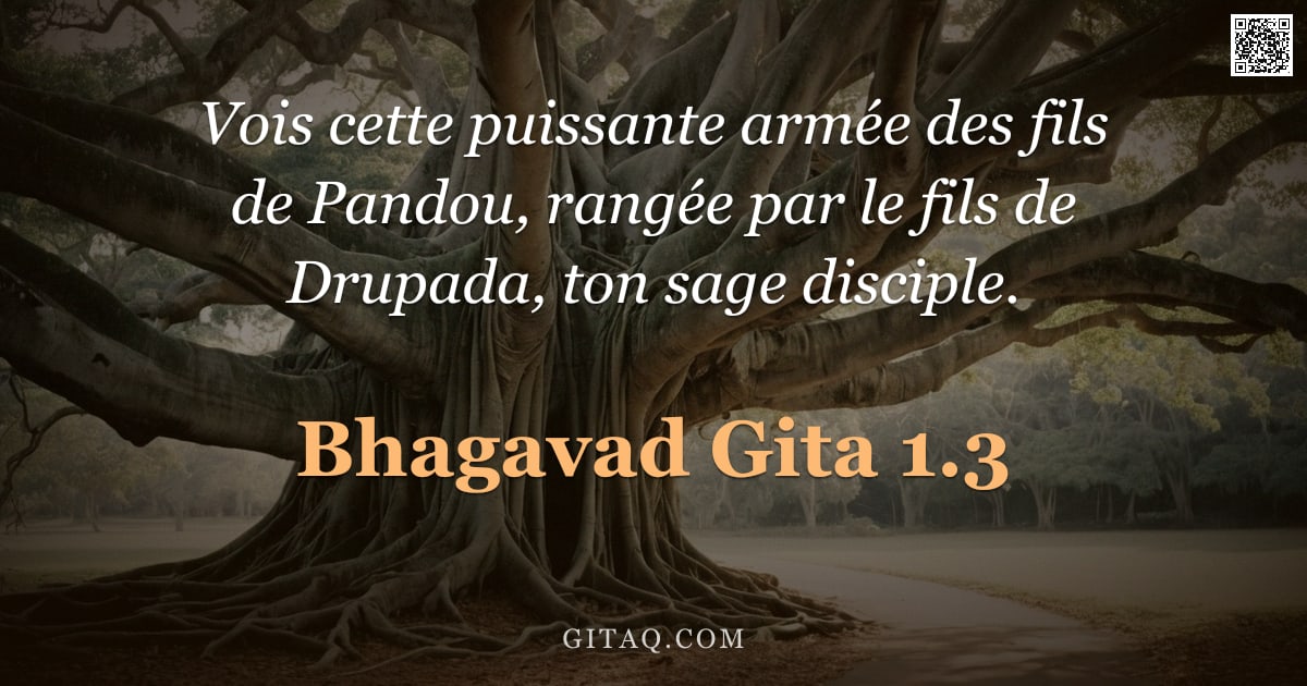 Bhagavad-Gîtâ 1.3 — "Vois cette puissante armée des fils de Pandou, rangée par le fils de Drupada, ton sage disciple."