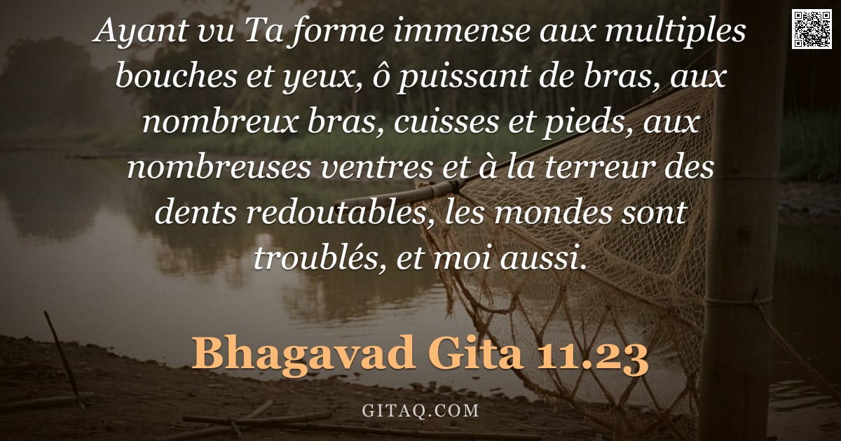 Bhagavad-Gîtâ 11.23 — "Ayant vu Ta forme immense aux multiples bouches et yeux, ô puissant de bras, aux nombreux bras, cuis"