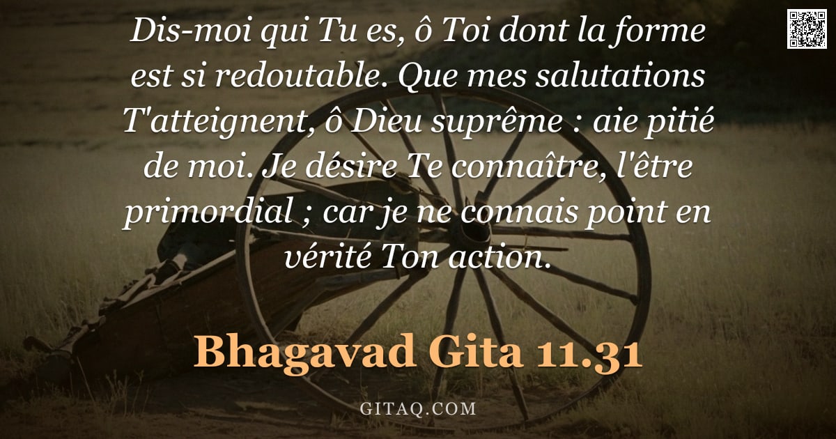 Bhagavad-Gîtâ 11.31 — "Dis-moi qui Tu es, ô Toi dont la forme est si redoutable. Que mes salutations T'atteignent, ô Dieu s"
