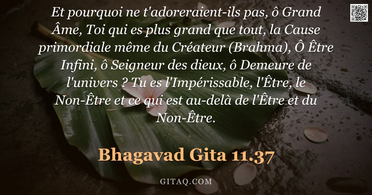 Bhagavad-Gîtâ 11.37 — "Et pourquoi ne t'adoreraient-ils pas, ô Grand Âme, Toi qui es plus grand que tout, la Cause primordi"
